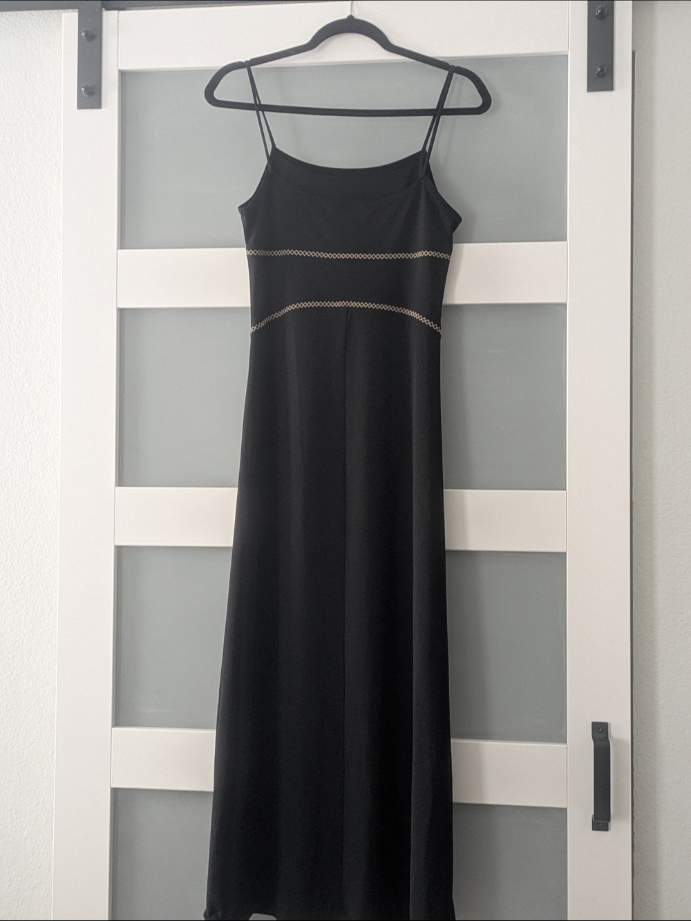 Black Spaghetti-Strap Maxi Dress with Decorative Trim
